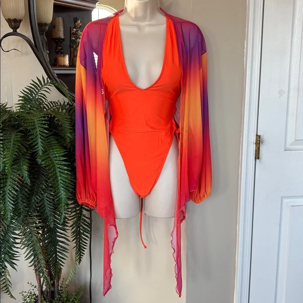 NWOT Orange Plunge One Piece Tie Back Swimsuit w/ Long Sleeve Ombre Mesh CoverUp